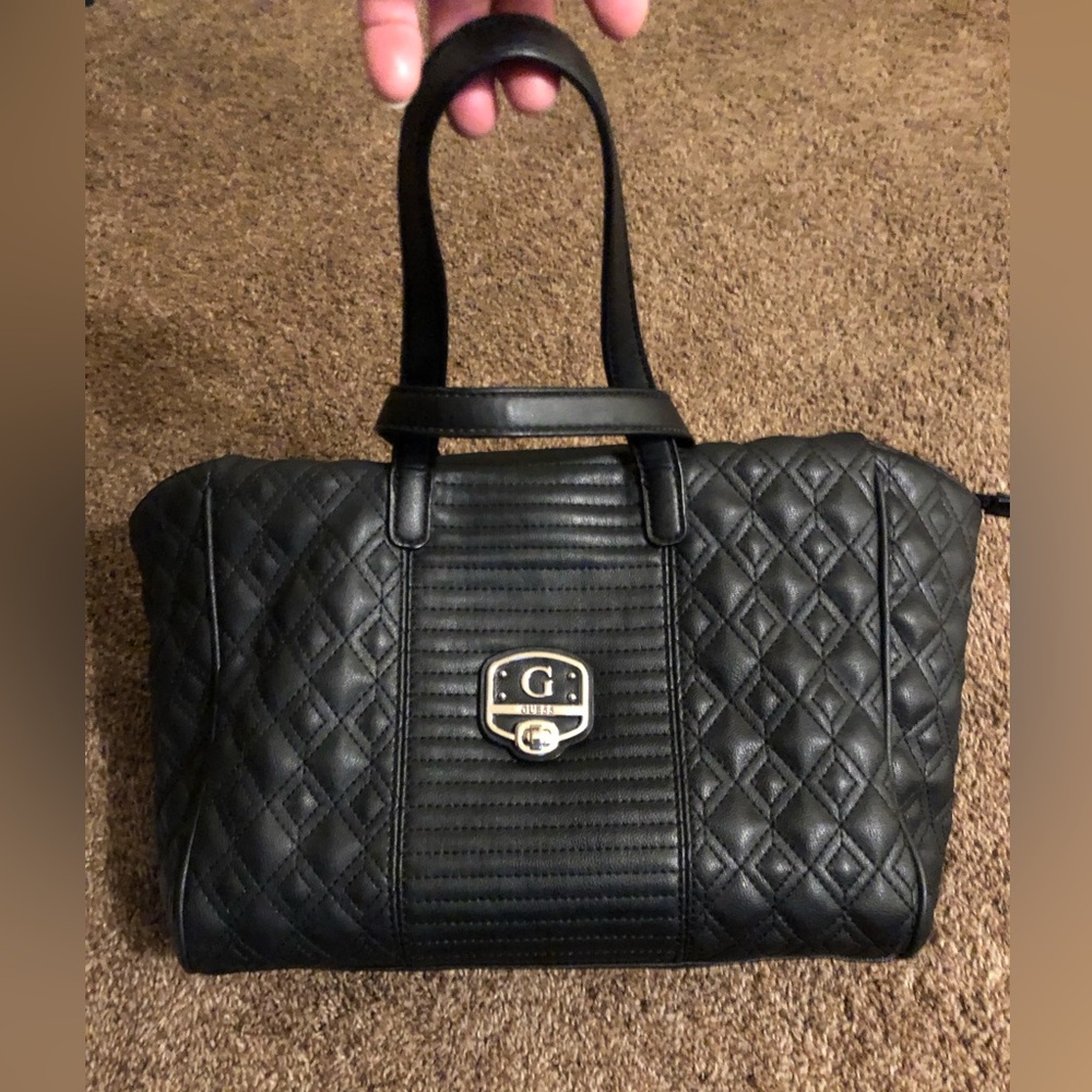 GUESS- Black Vegan Leather , Quilted Women's Small Tote Bag